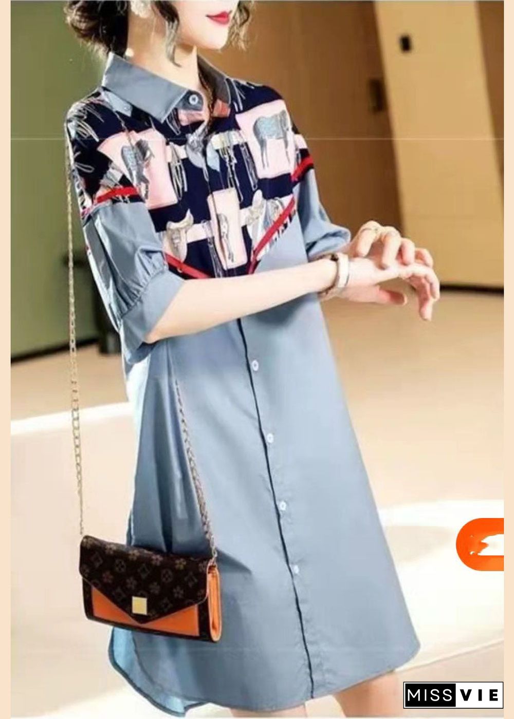 Style Blue button Peter Pan Collar print Patchwork shirt Dresses Half Sleeve