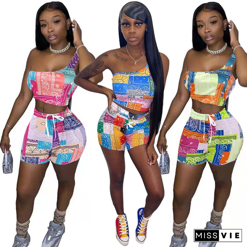 Paisley Bandanna Print One Shoulder Sleeveless Asymmetrical Crop Top Bodycon Shorts 2 Piece Set