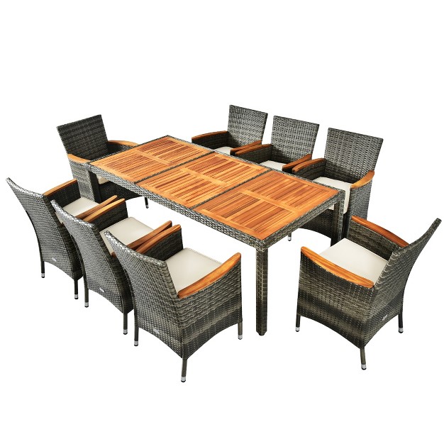 Costway 9pcs Patio Rattan Dining Set Acacia Wood Table Cushioned Chair Mix Gray