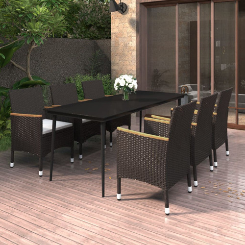 vidaXL Patio Dining Set 9 Piece with Cushions Poly Rattan and Glass Furniture   Tropical   Outdoor Dining Sets   by vidaXL LLC  Houzz