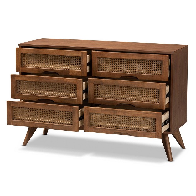 Barrett Wood And Synthetic Rattan 6 Drawer Dresser Walnut Brown Baxton Studio