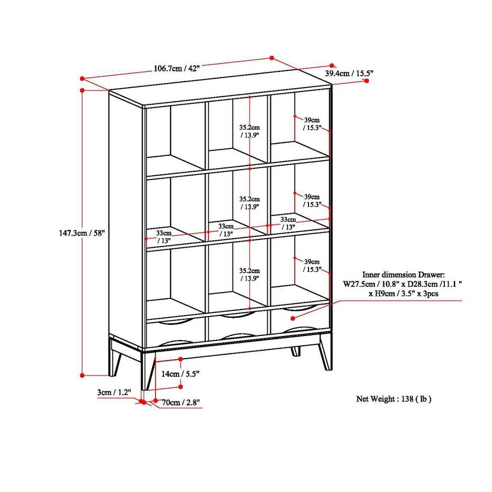 WYNDENHALL Pearson SOLID HARDWOOD 58 inch x 42 inch Mid Century Modern Cube Storage Bookcase with Drawers