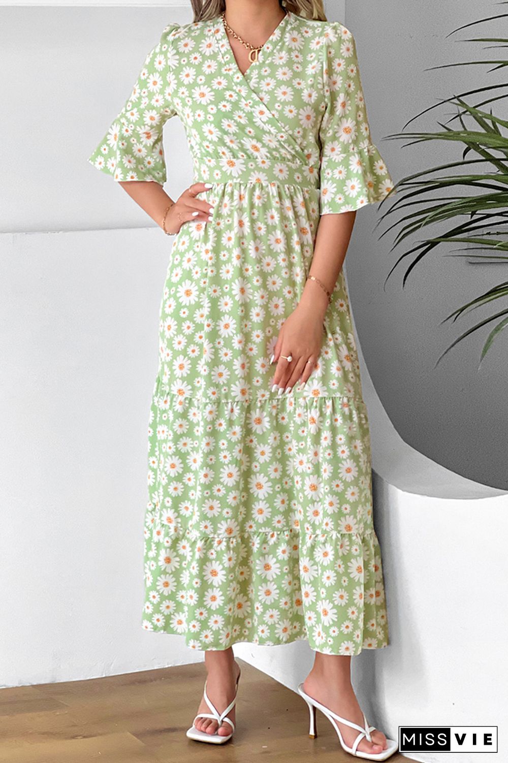 Paisley Floral Print Flare Sleeves Maxi Dress Wholesale