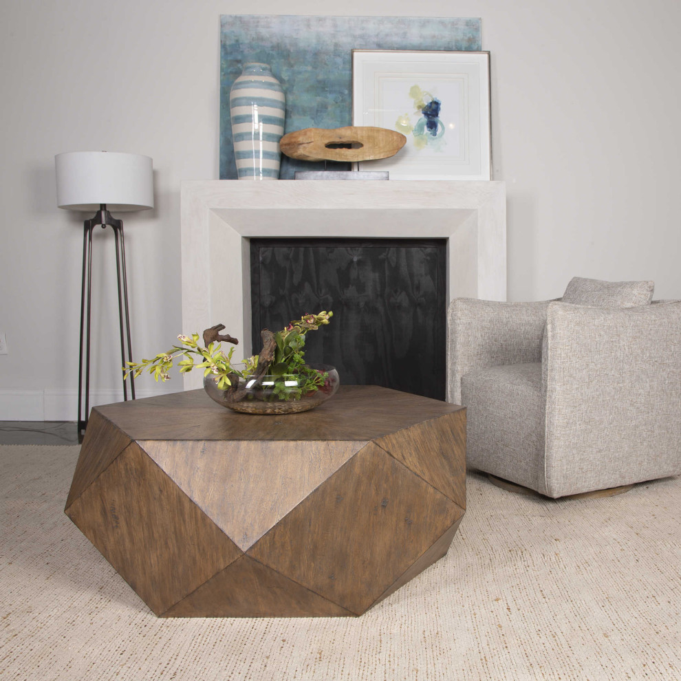 Faceted Large Round Light Wood Coffee Table Modern Geometric Block Solid   Rustic   Coffee Tables   by My Swanky Home  Houzz