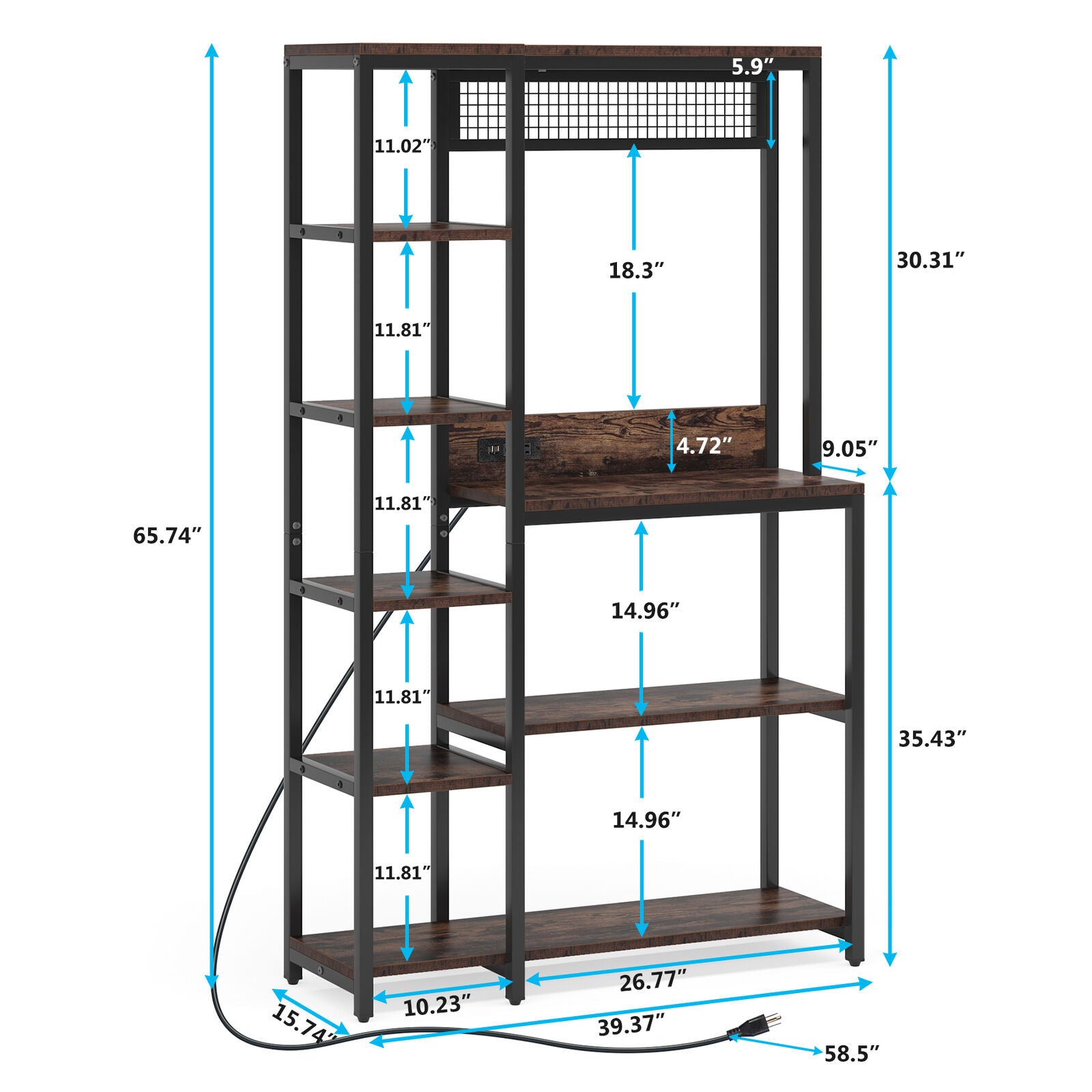 Tribesigns Kitchen Baker's Rack with Power Outlets， Freestanding 8 Tier Microwave Stand with Storage Shelf， Rustic Brown