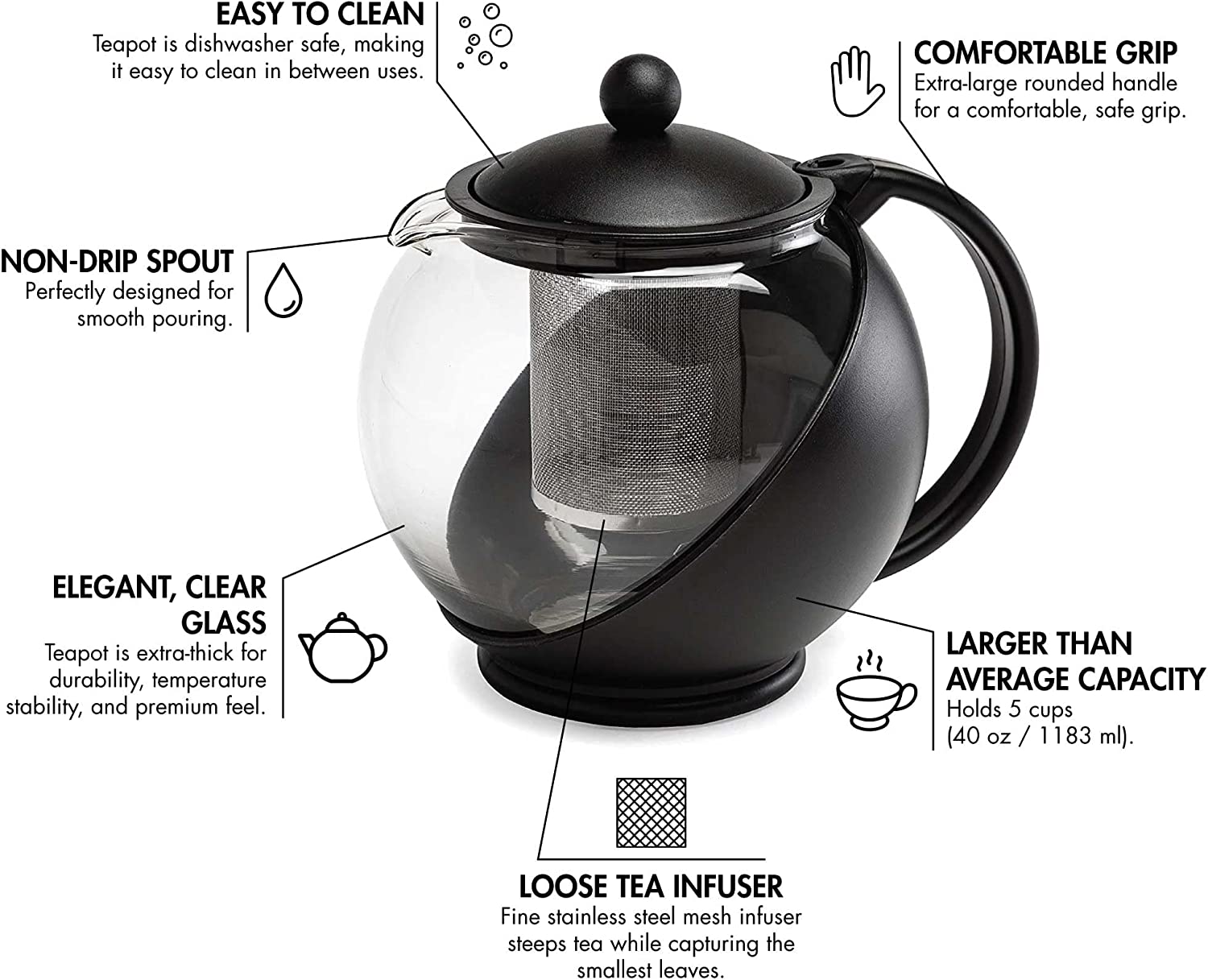 Primula Half Moon Teapot Set with 4 Tea Cups, Removable Stainless Steel Filter and Infuser, Glass Tea Maker, Filter, Dishwasher Safe, 40-Ounce, Tea Gift Set, Tea Set for Service of 4 Adults