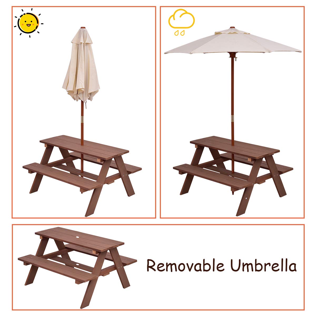 Costzon Kids Picnic Table Set, Wood Table and Bench Set with Removable & Foldable Umbrella