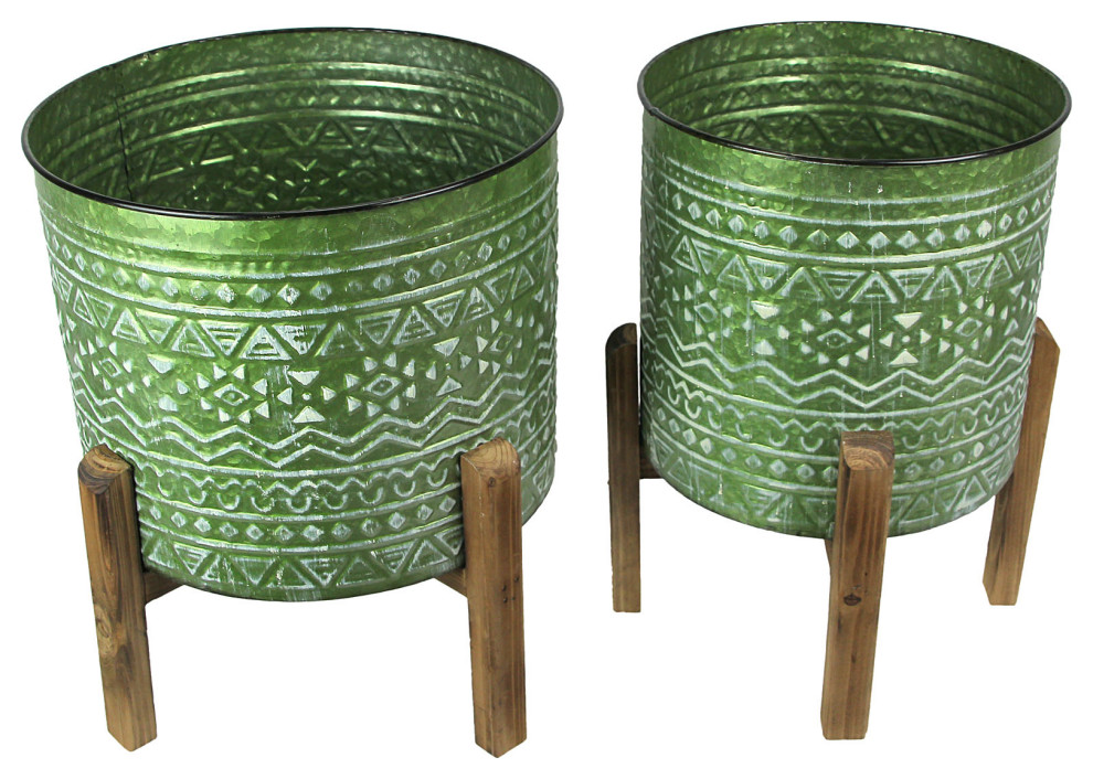 Set of 2 Native Geometric Pattern Stamped Metal Planters With Wooden Stands   Southwestern   Outdoor Pots And Planters   by Zeckos  Houzz