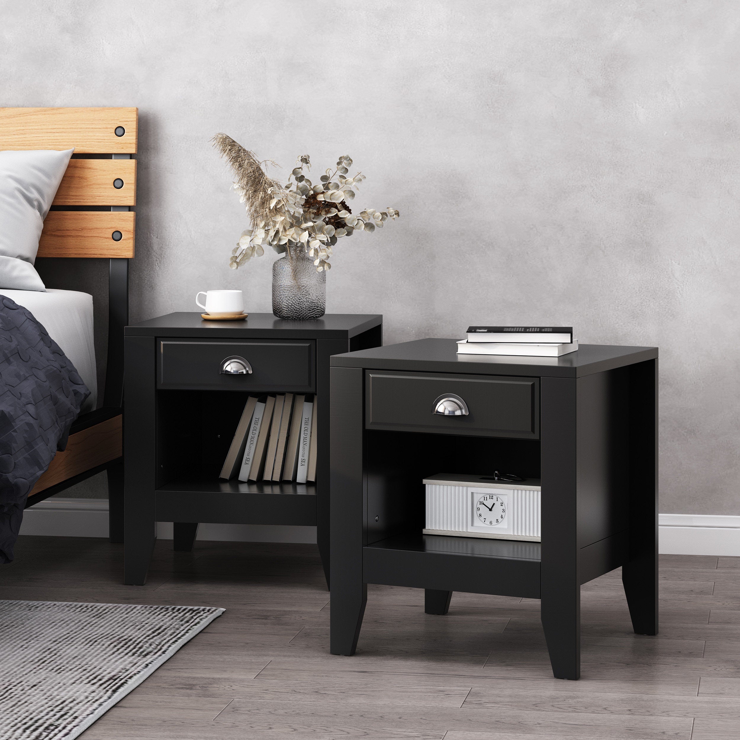 Cleary Contemporary Faux Wood Nightstands with Drawer, Set of 2