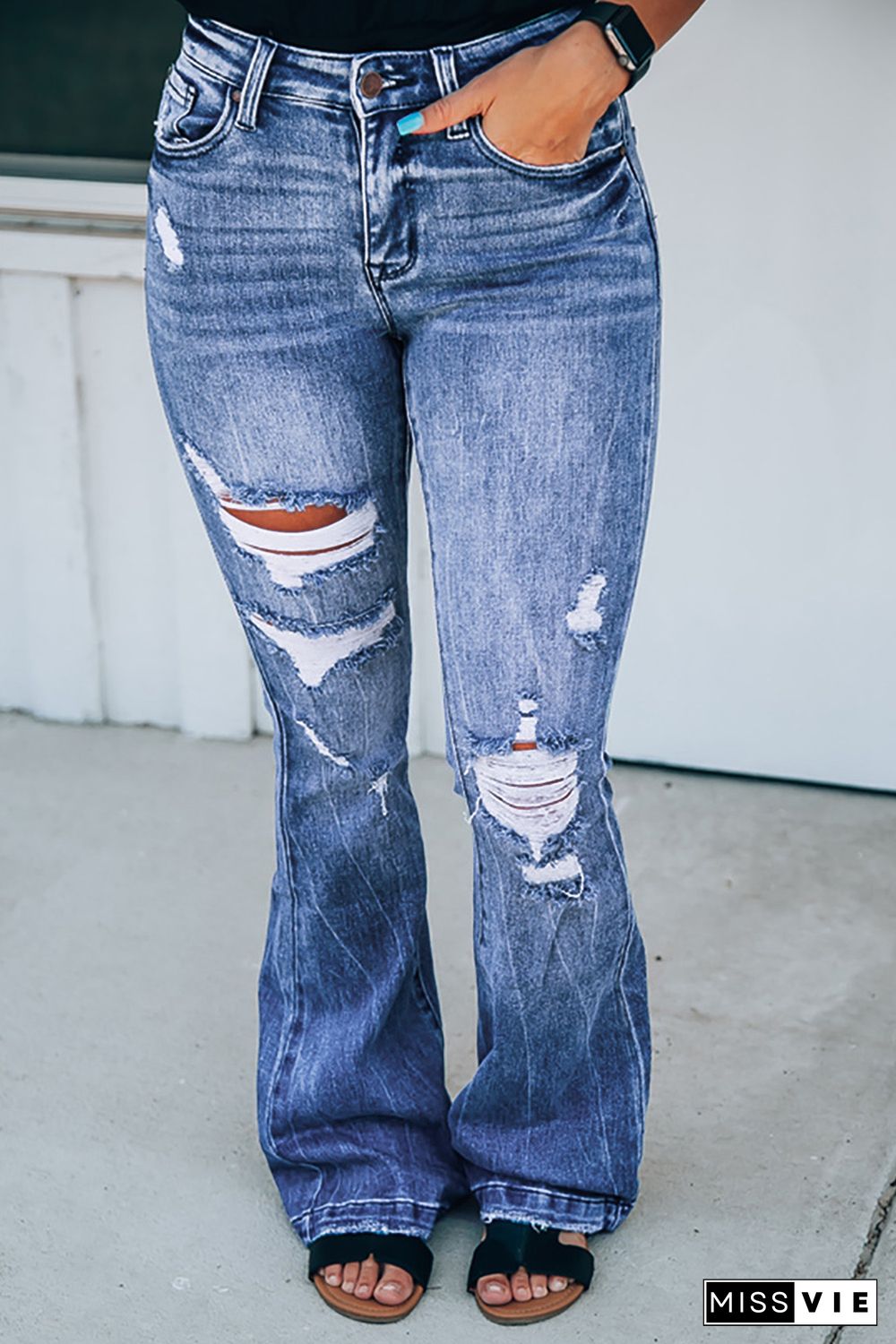 High Waist Distressed Flare Jeans