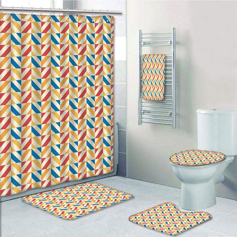 PRTAU Kids Checkered with Shabby Colored Diagonally Striped Squares Retro Tile Marigold Scarlet 5 Piece Bathroom Set Shower Curtain Bath Towel Bath Rug Contour Mat and Toilet Lid Cover