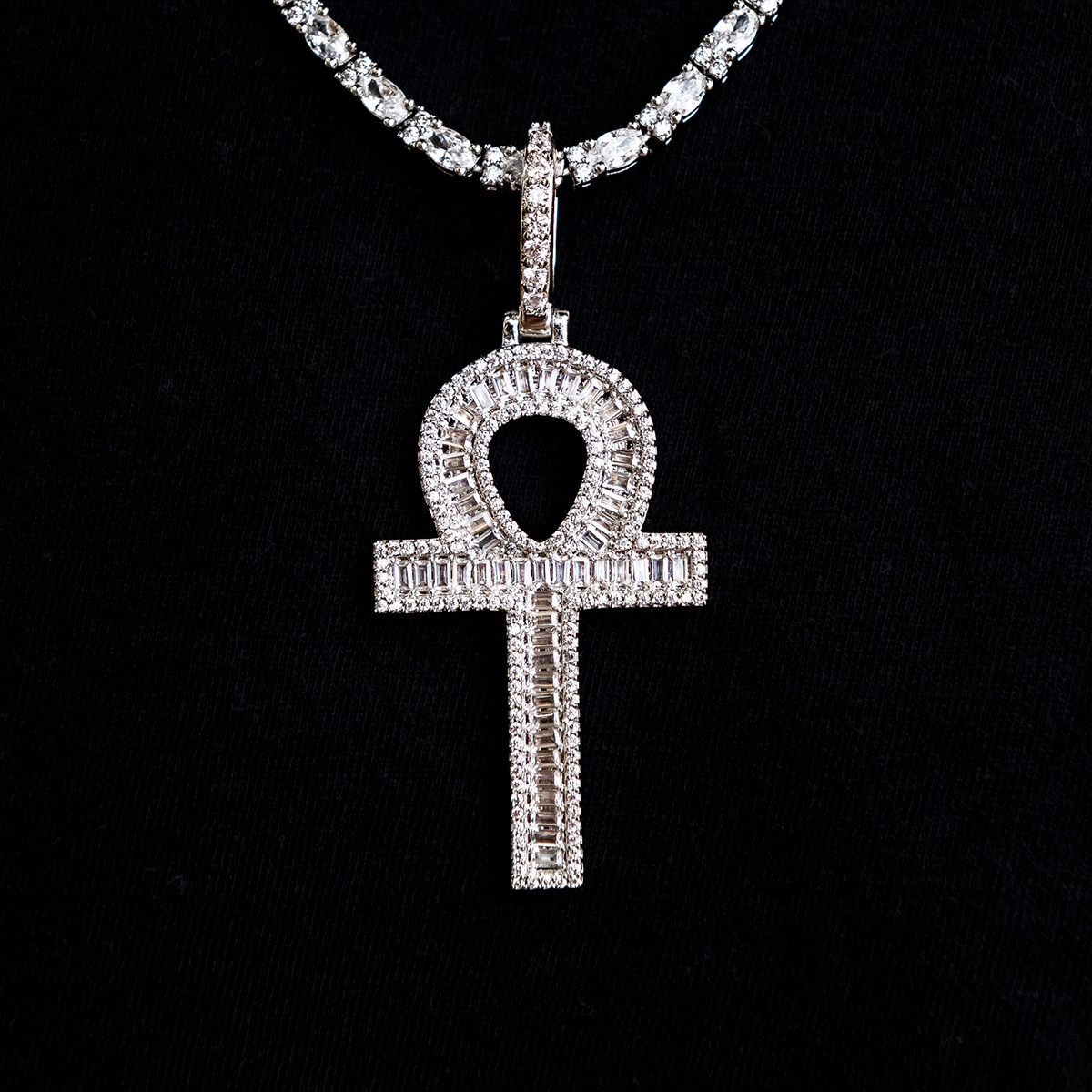 Diamond Baguette Ankh Cross Pendant in White Gold