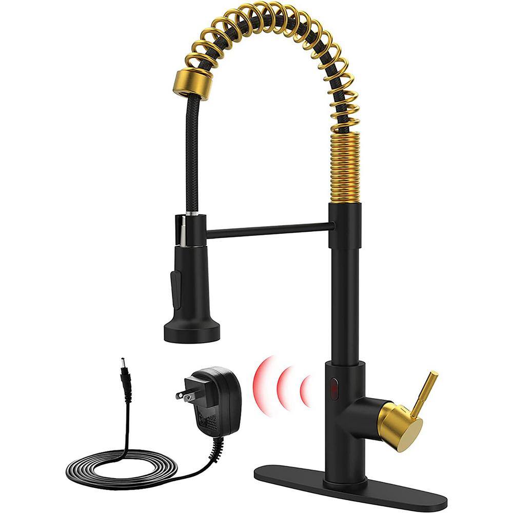 matrix decor Single Handle Touchless Pull Down Sprayer Kitchen Faucet with Deckplate in Black and Gold MD-ALIS1306BGD