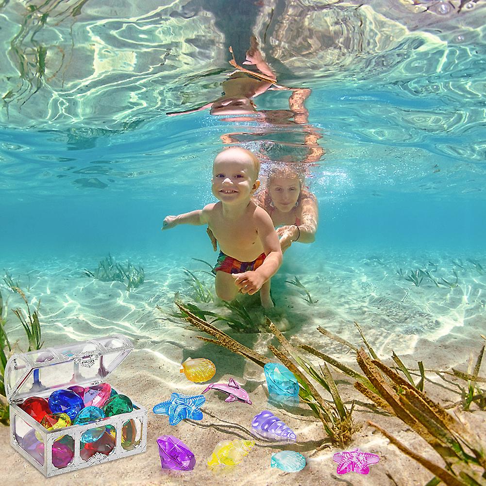 24pcs Diving Toy Set Baby Bath Tub Toys For Swimming Pool Bathtub Beach Marine Animal Toy Diamond Gem Toy With Pirate Box