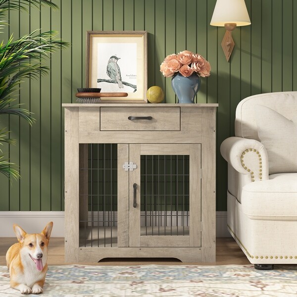 Dog Crate End Table with Drawer， with Double Doors