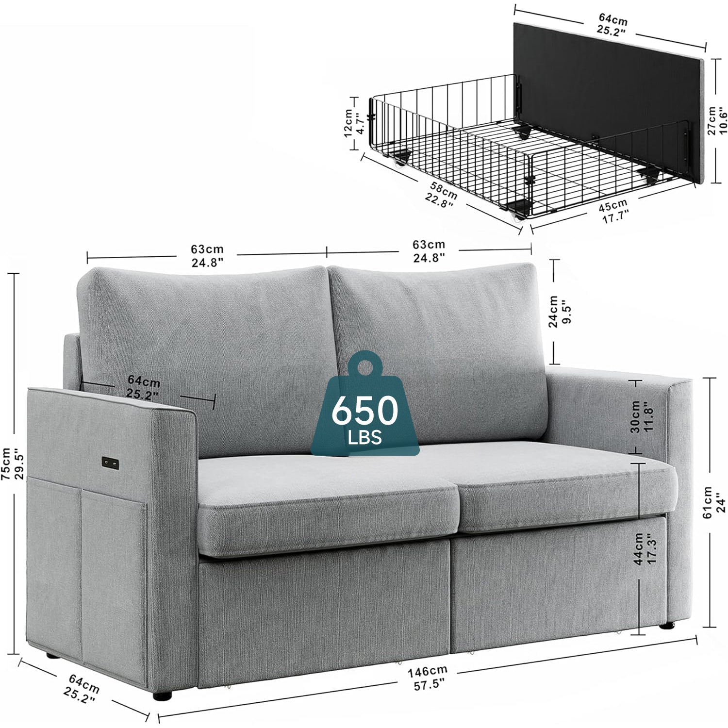 Loveseat Sofa with Drawer, Charging Port, Track Armrest