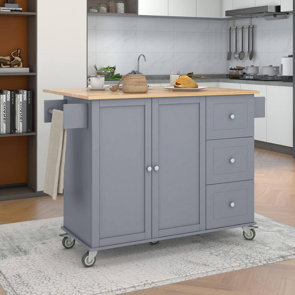 Runesay Gray Blue Rolling Mobile Kitchen Island with Solid Wood Top and Locking Wheels Storage Cabinet Drop Leaf Breakfast Bar EC-KCGB-5163