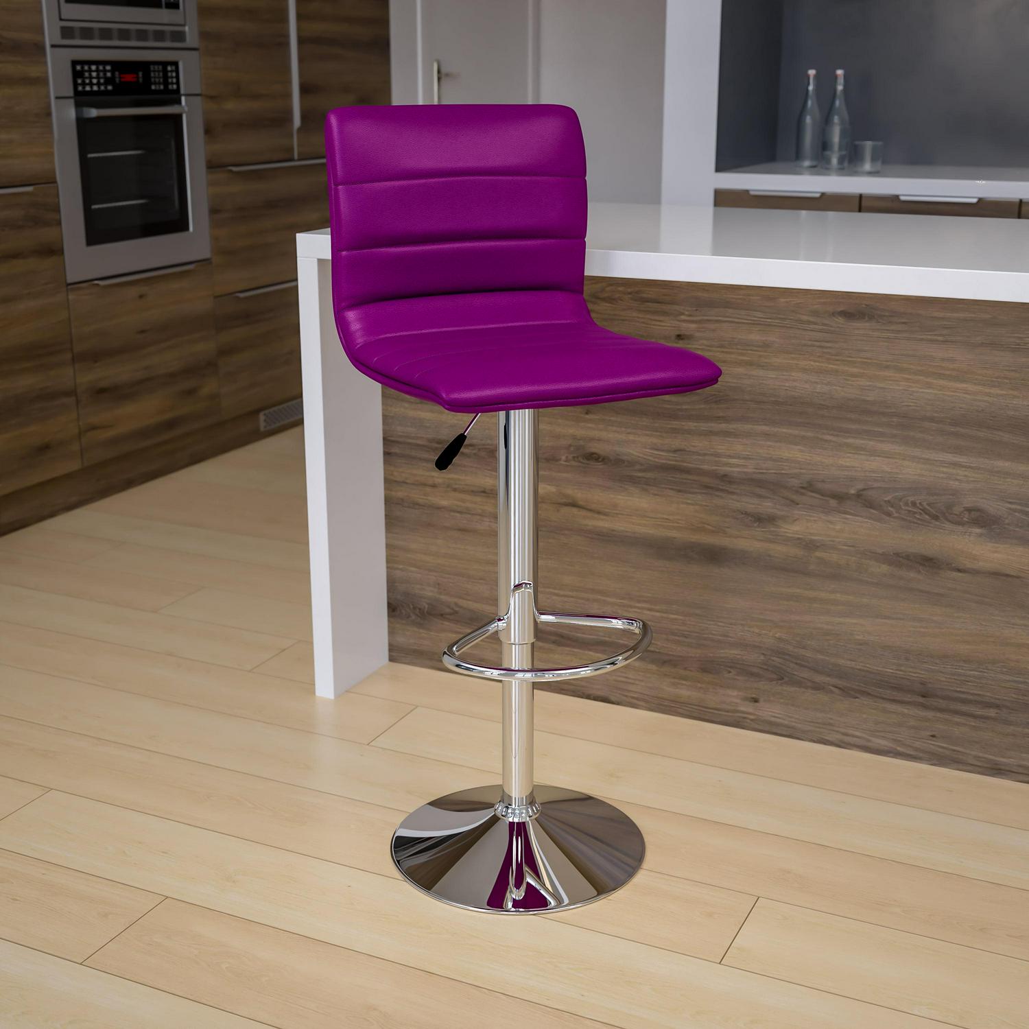 Flash Furniture Betsy Modern Purple Vinyl Adjustable Bar Stool with Back， Counter Height Swivel Stool with Chrome Pedestal Base