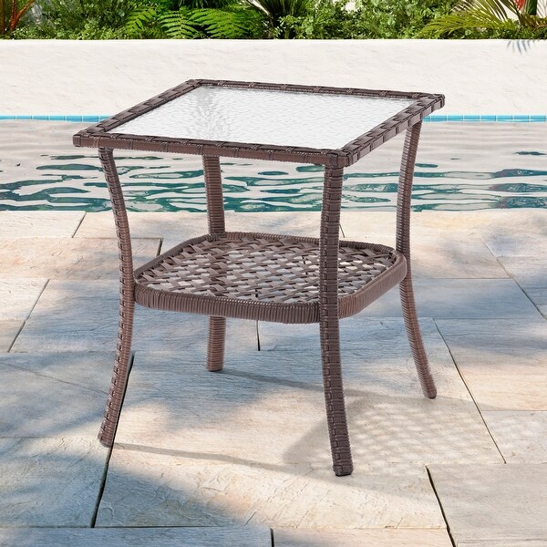 AOOLIMICS Outdoor Brown Square PE Wicker Corrugated Glass Side Table