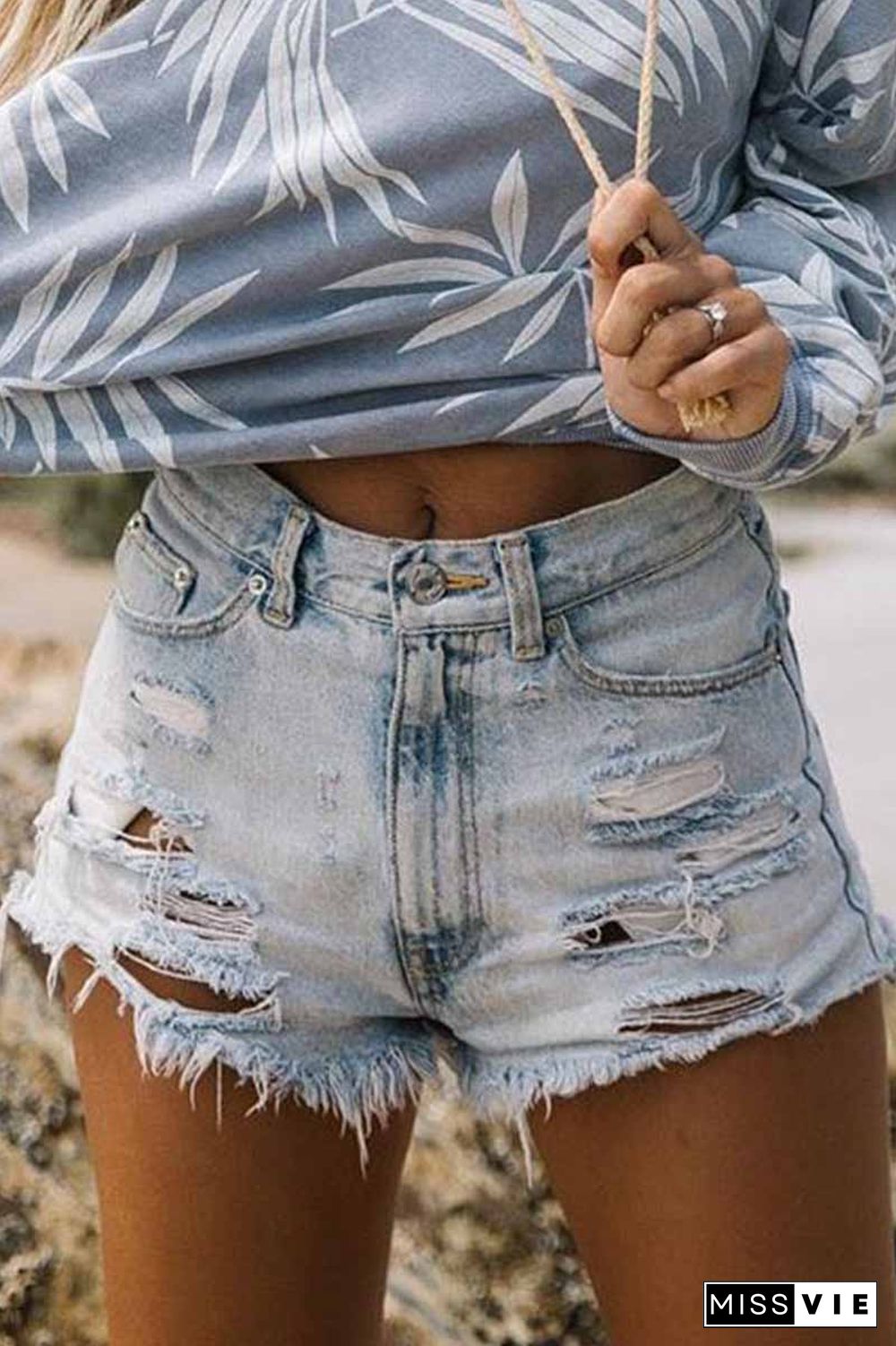 High Waist Ripped Fringed Denim Shorts