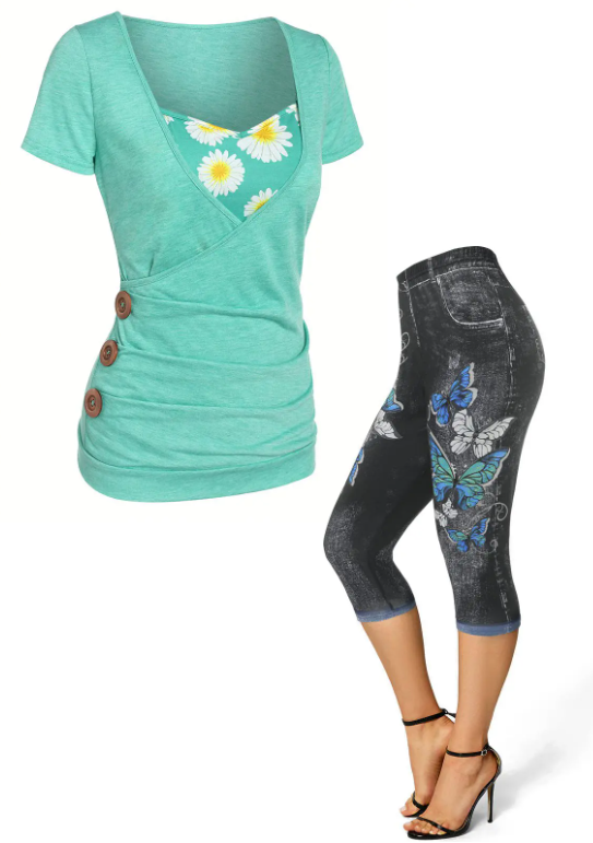 Daisy Print Surplice Short Sleeve T Shirt And Skinny Butterfly 3D Print Cropped Jeggings Outfit