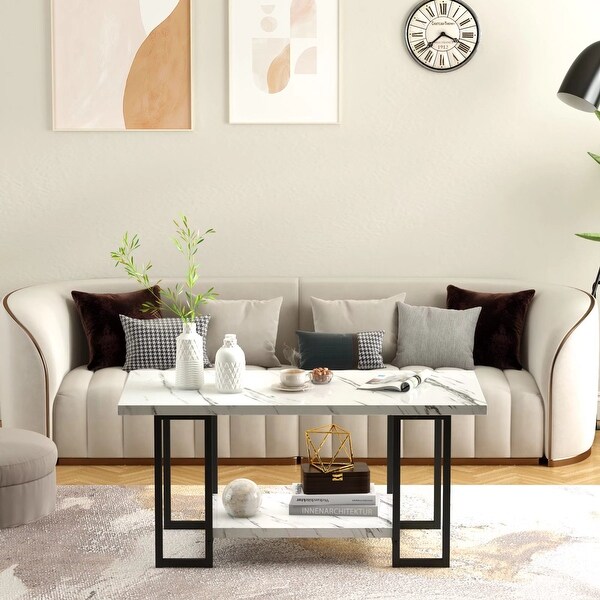 2 -Tier Rectangle Coffee Table， Black Base and Faux Marble Table top for Living Room， Double Metal Leg Design