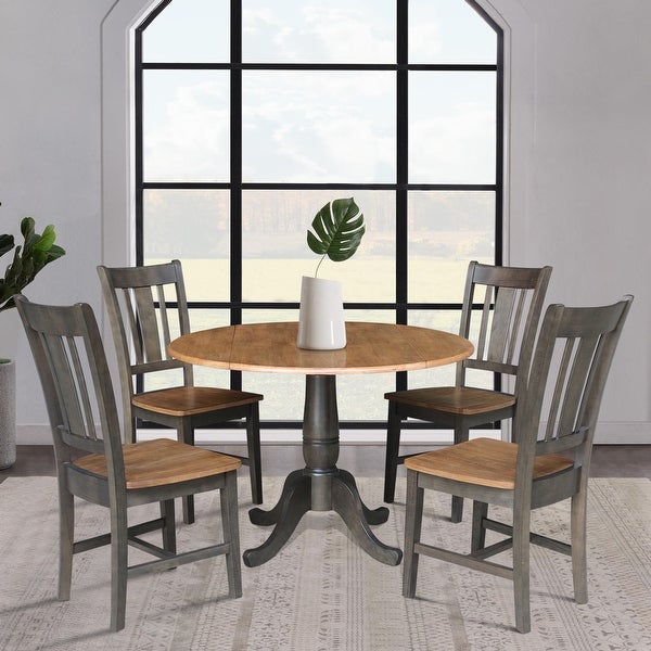 42 in. Round Dual Drop Leaf Dining Table with 4 Splatback Chairs - 5 Piece Set - Hickory/Washed Coal