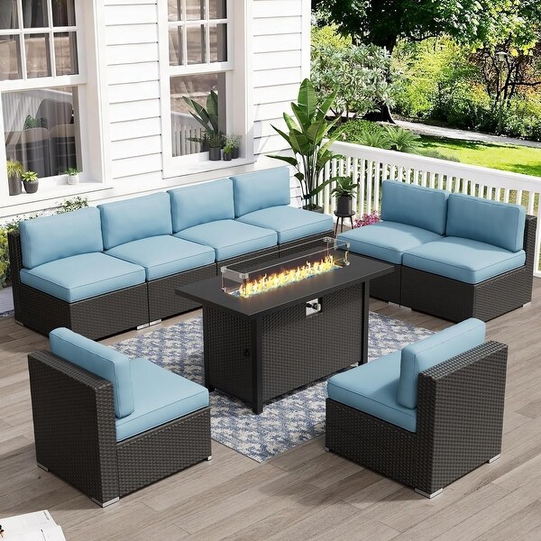 9Piece Outdoor Patio Furniture Sectional Sofa Set with Fire Pit Table