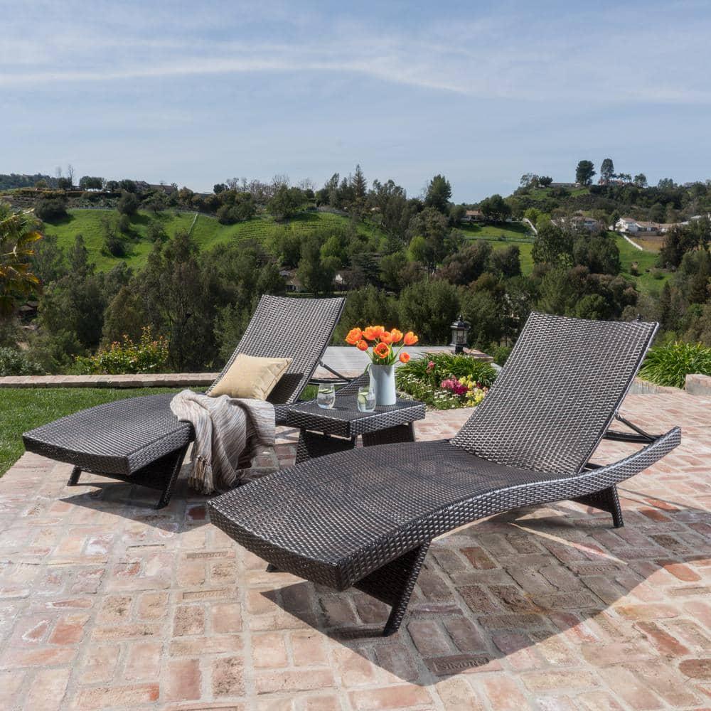 Noble House Salem MultiBrown 3Piece Faux Rattan Outdoor Chaise Lounge