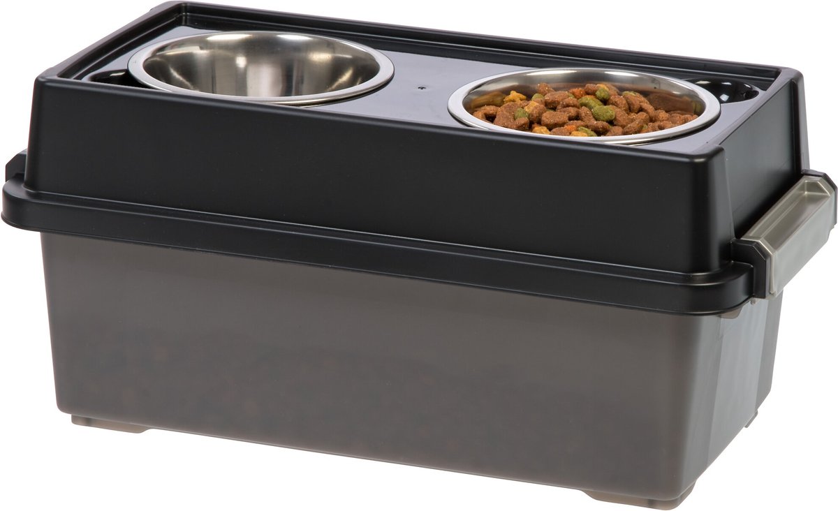 IRIS Elevated Feeder with Airtight Food Storage， Smoke/Black