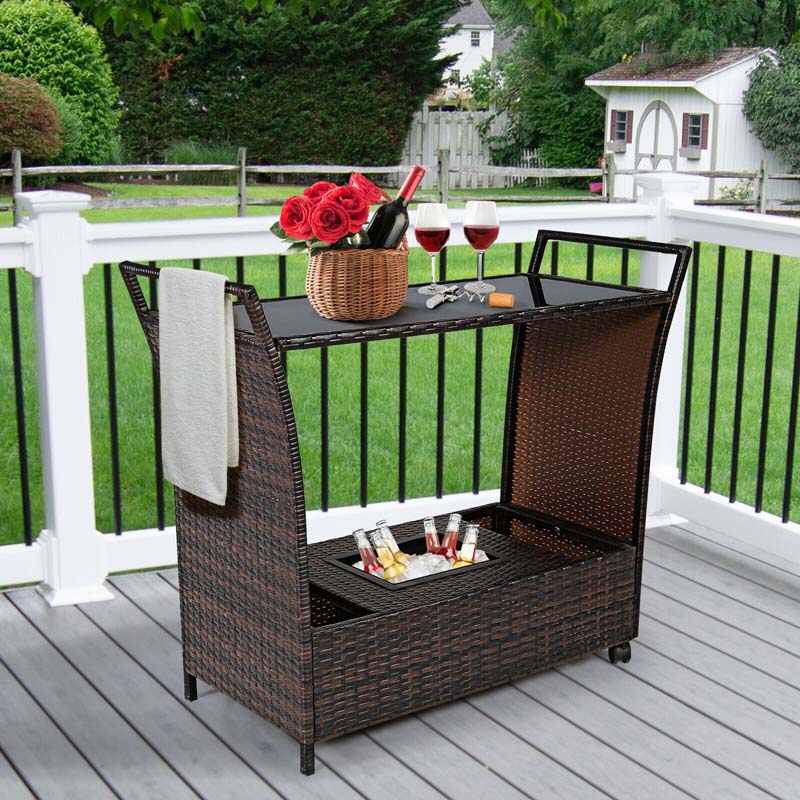 Outdoor Wicker Bar Cart Patio Wine Serving Cart Rolling Rattan Beverage Bar Counter Table with Glass Top & Ice Bucket