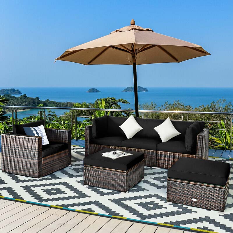 6 Pcs Patio Rattan Sectional Furniture Set Outdoor Conversation Sofa Set with Cushions