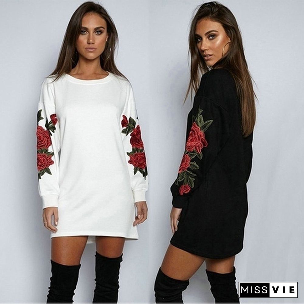 Women's Fashion Embroidery Long Sleeve Sweater Dress S-5XL