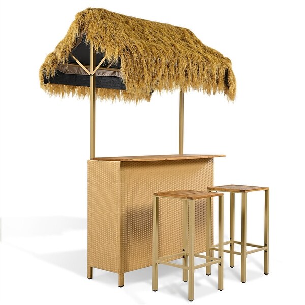 HawaiianStyle Outdoor Bar Table and Stools Set with PE Grass Canopy