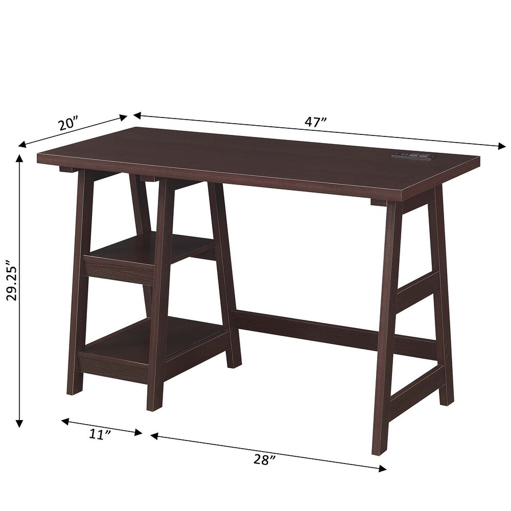 Convenience Concepts Designs2Go Trestle Desk with Charging Station and Shelves