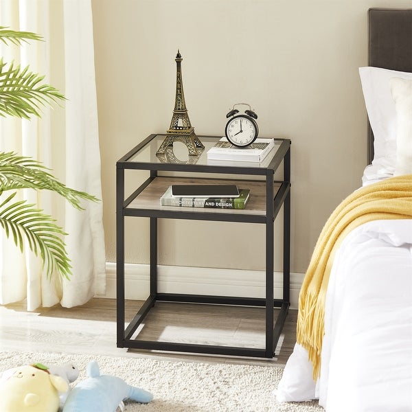 Side Table Tempered Glass Top Nightstand with Shelf 2-Tier End Table