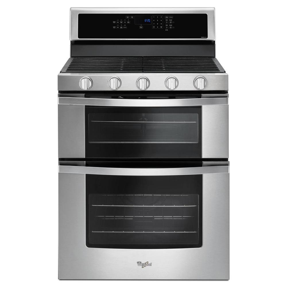 Whirlpool 6.0 cu. ft. Double Oven Gas Range with Center Oval Burner in Stainless Steel WGG745S0FS