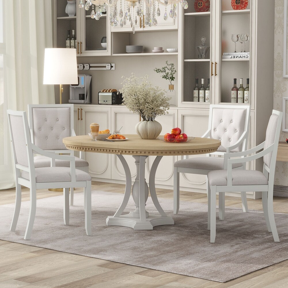 Modern 5 Piece Wood Dining Set with Extendable Round Dining Table and Upholstered Back Dining Chairs  for Dining Room  White