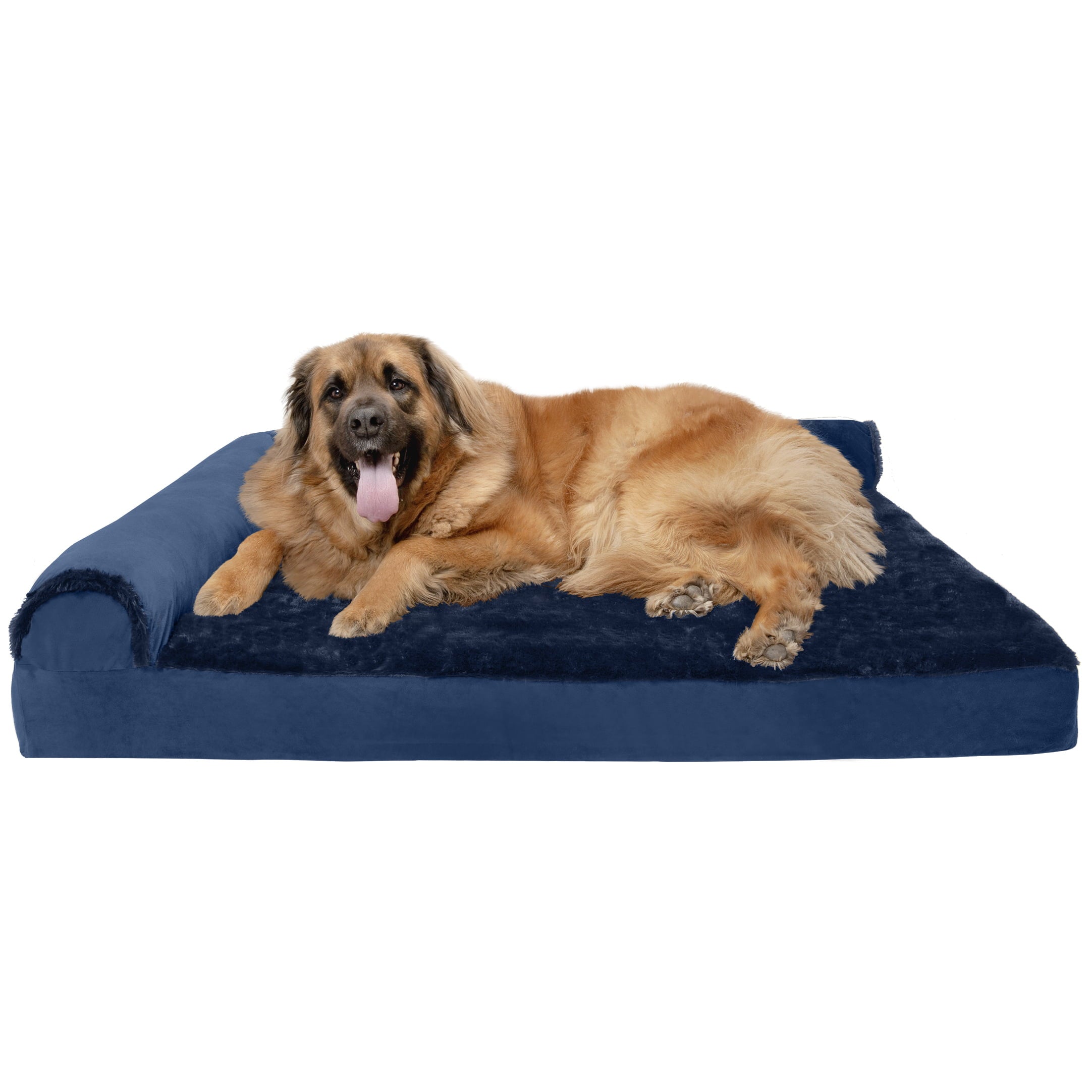 FurHaven | Deluxe Orthopedic Plush and Velvet L-Chaise Lounge Pet Bed for Dogs and Cats， Deep Sapphire， Jumbo Plus