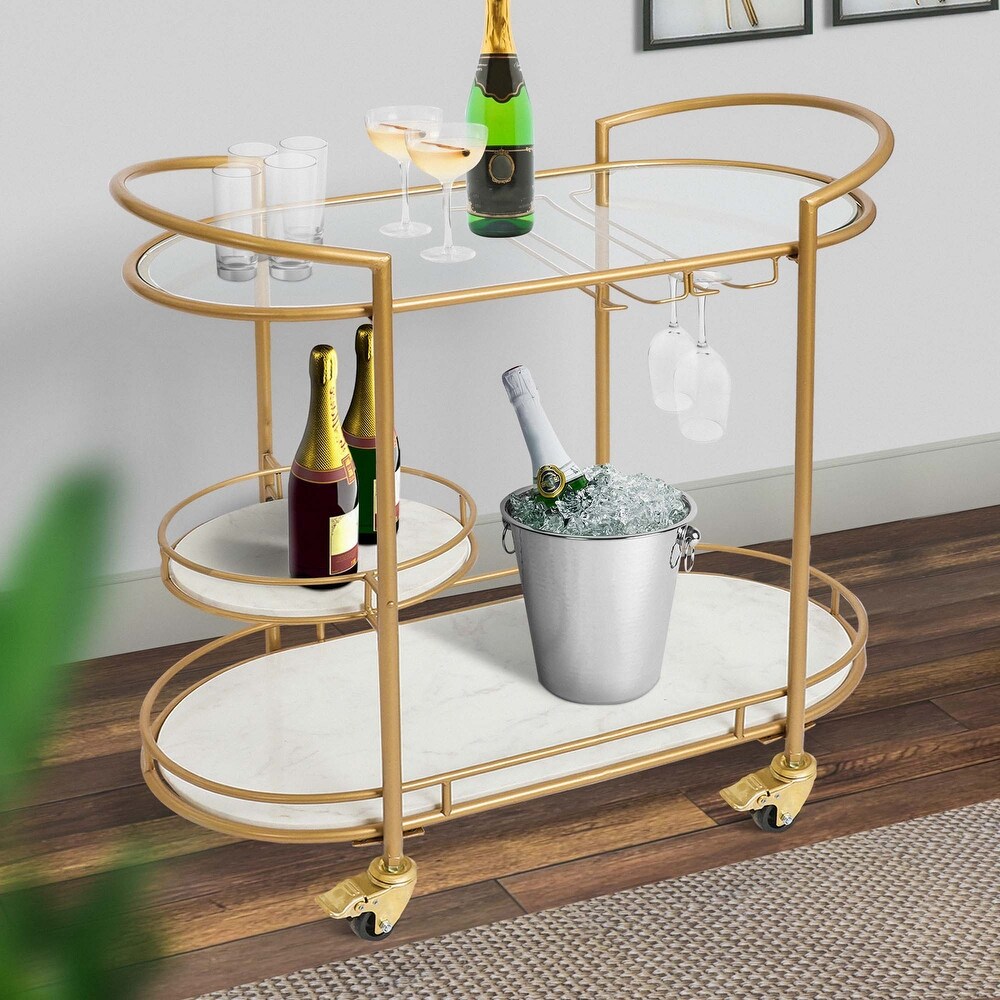 30 Inch 3 Tier Bar Cart with Matte Gold Metal Frame