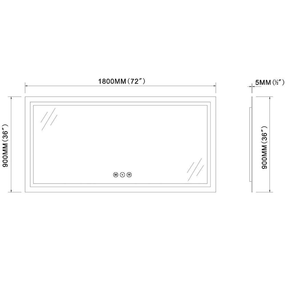 INSTER Luminous 72 in. W x 36 in. H Rectangular Frameless LED Mirror Dimmable Defogging Wall-Mounted Bathroom Vanity Mirror WSHDRMMR0040