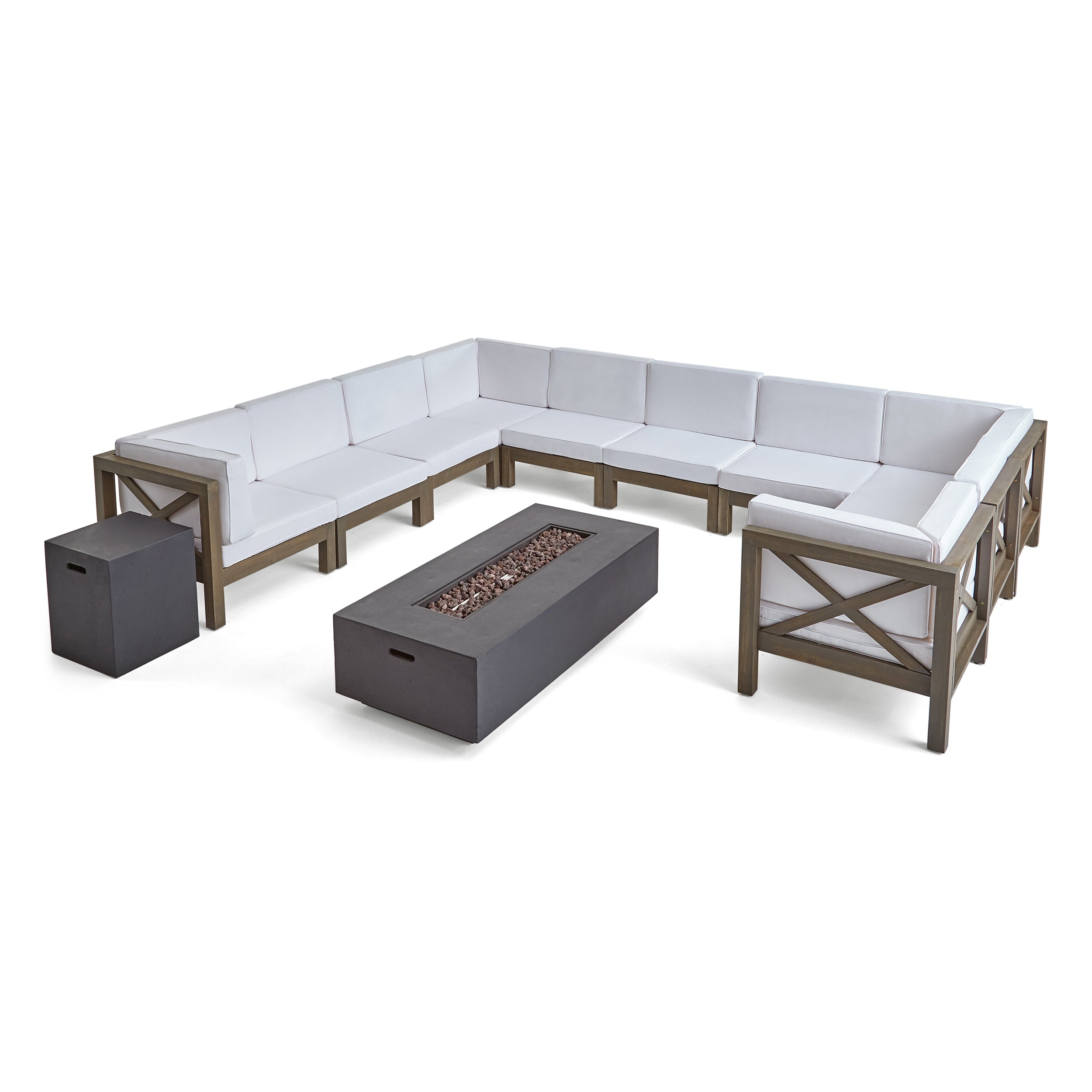 Cynthia Outdoor Acacia Wood 10 Seater U-Shaped Sectional Sofa Set with Fire Pit