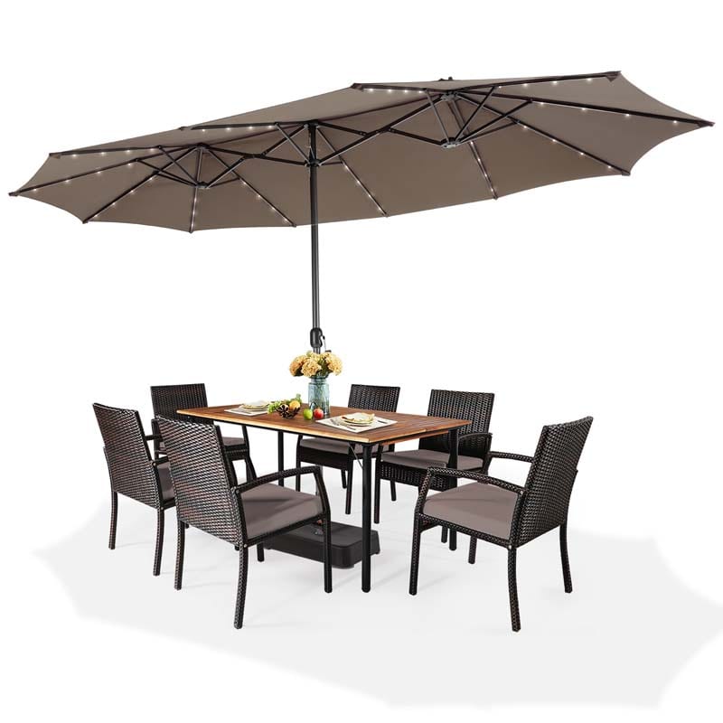 15 FT Double-Sided Patio Umbrella with 48 Solar Lights, Extra-Large Outdoor Twin Market Umbrella with Base