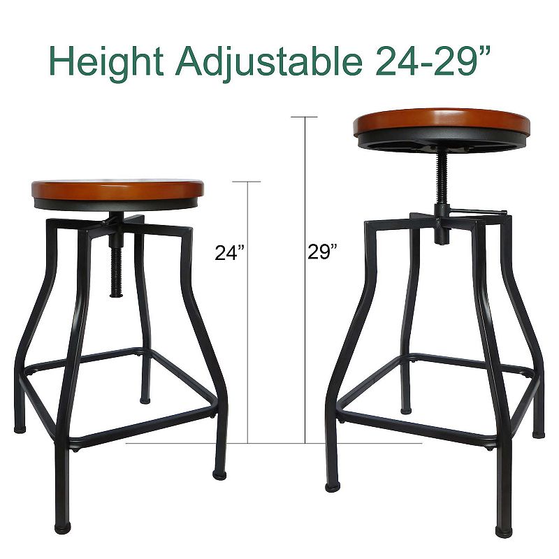 eHemco Adjustable Swivel Metal Kitchen Counter Height Backless Barstool with Wood Veneer Seat