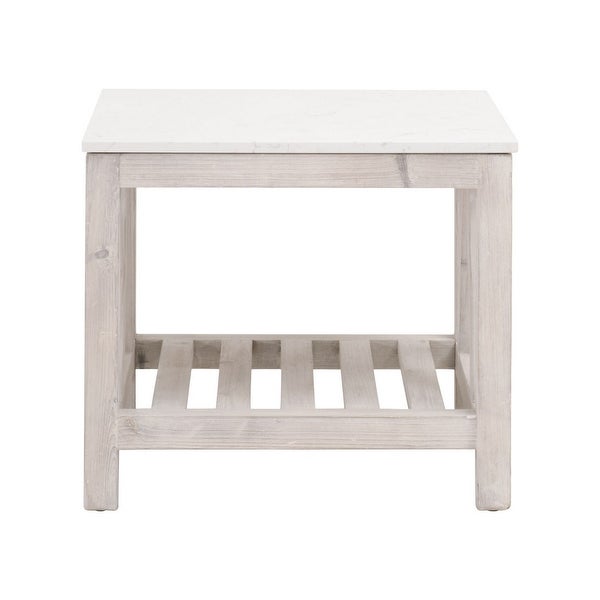 End Table with Solid Quartz Top and 1 Slatted Shelf， Washed White