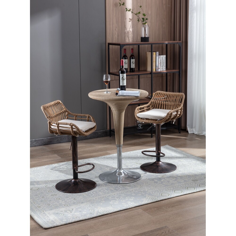 Bar Stools Set of 2 Adjustable Counter Height Dining Chairs  360掳 Swivel Bar Chairs with Rattan Back Linen Cushion   Footrest