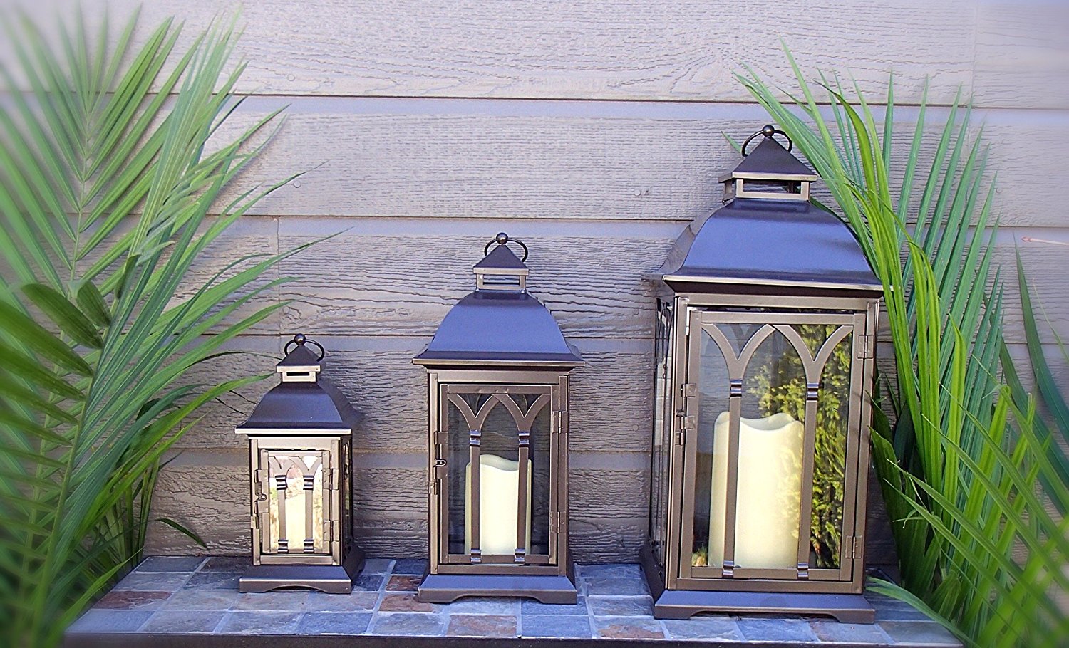 3PC Indoor/Outdoor Bronze Powder-Coated Steel and Tempered Glass Lanterns