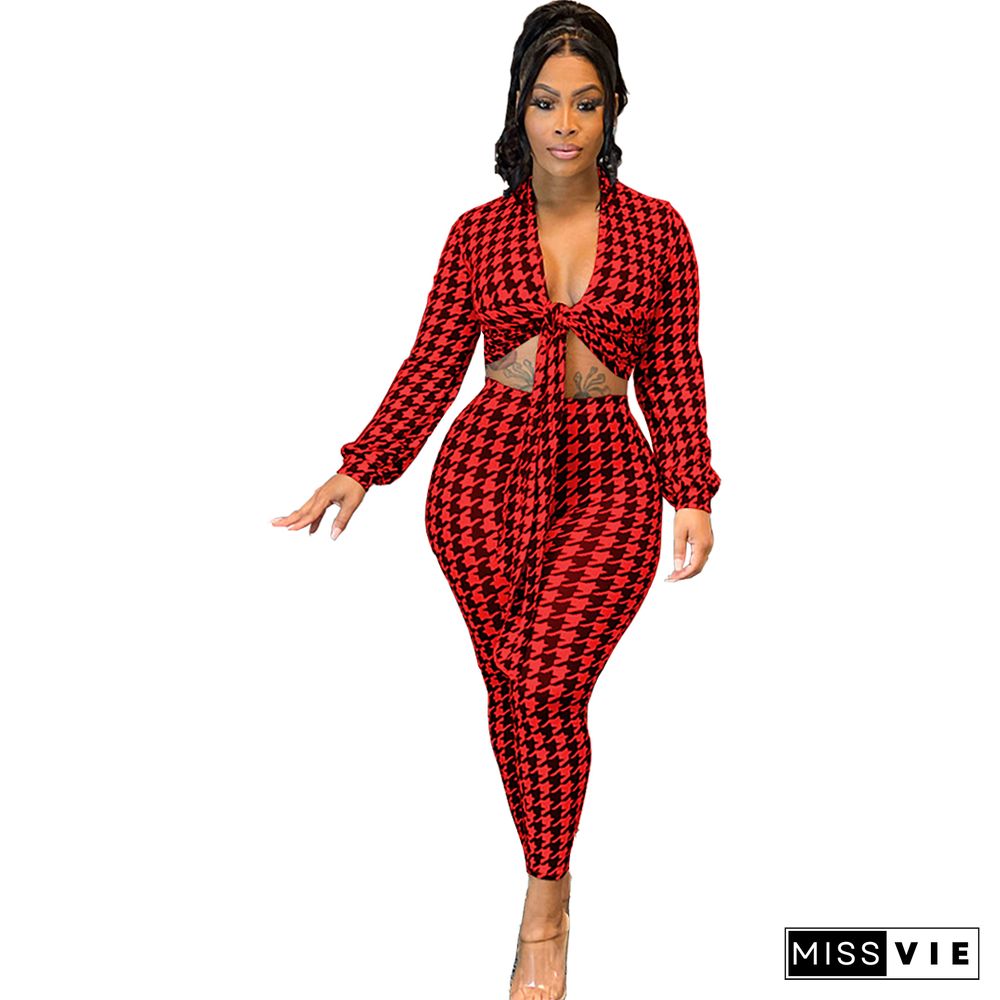 Houndstooth Print Bandage Crop Top Pants Set