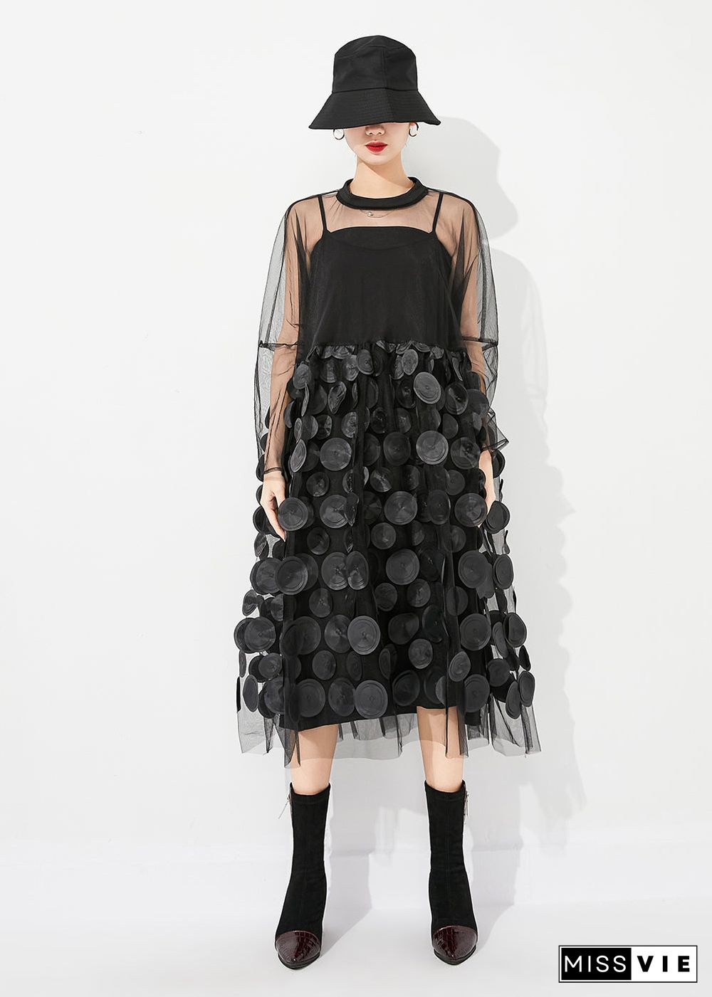 Casual Black Oversized Patchwork Hollow Out Tulle Long Dress Summer