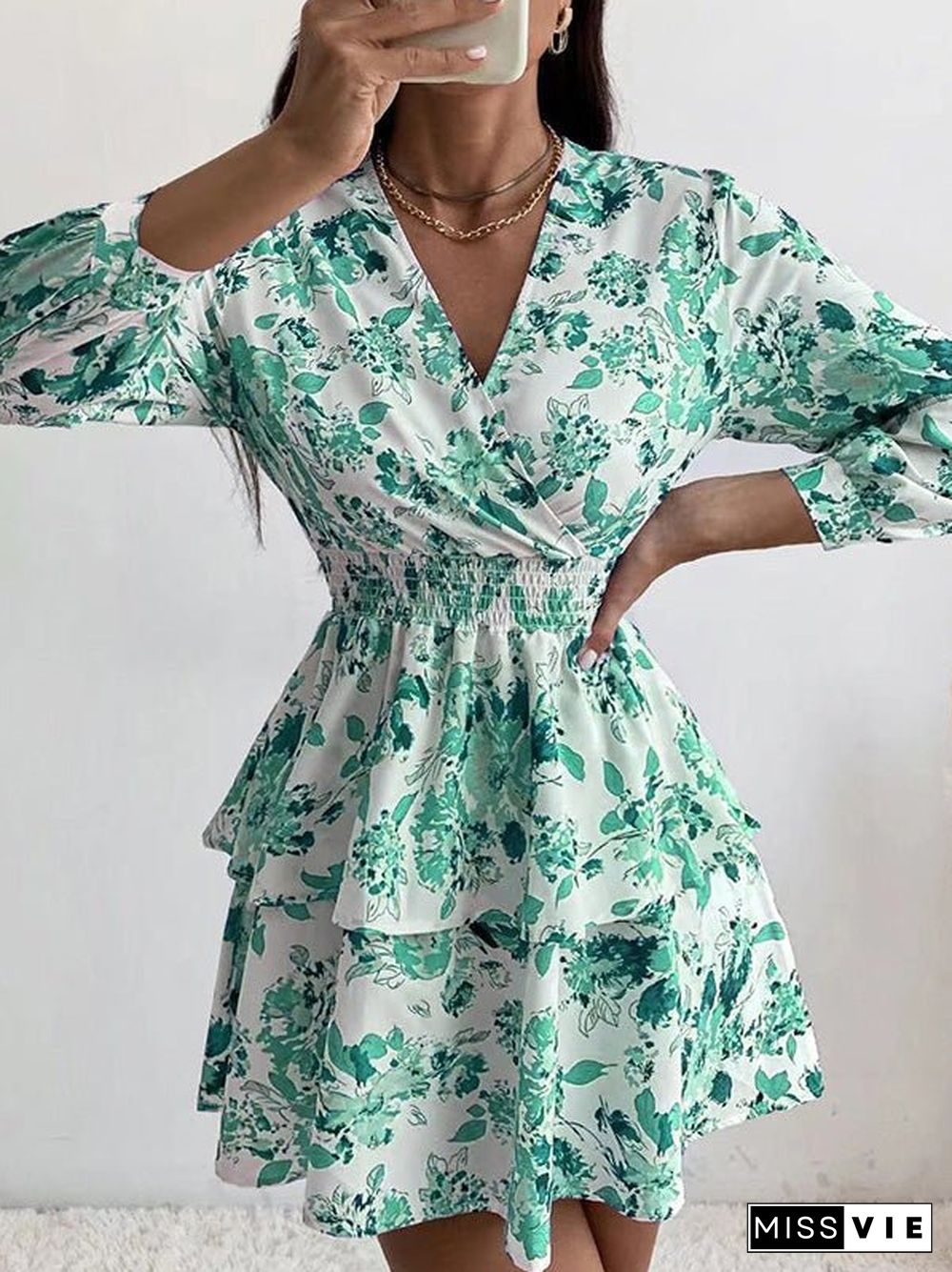 Women'S Dresses Printed V-Neck Elastic Waist Long Sleeve Dress